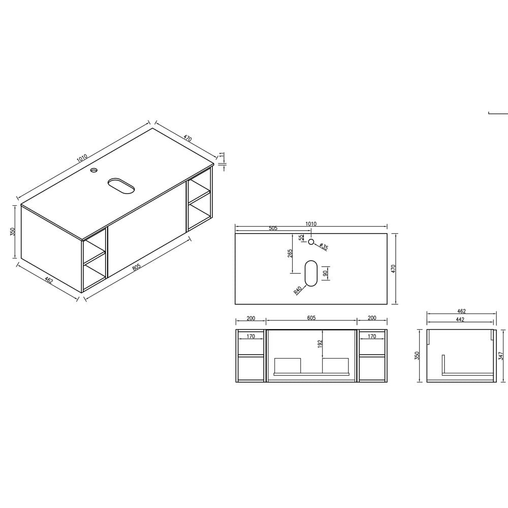 Astini Piatta 1000mm Midnight Shadow Wall Hung 2 Side Storage Vanity Unit With Counter Top