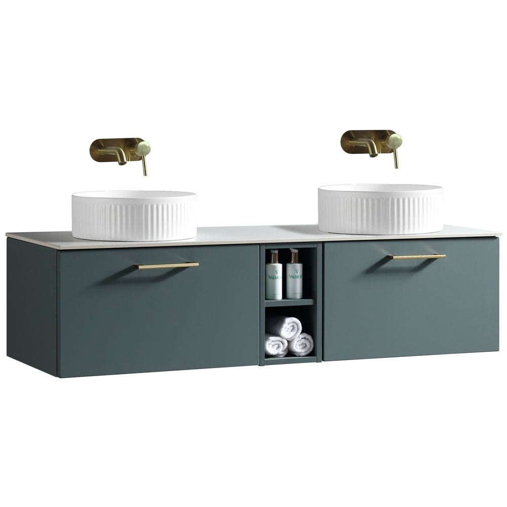 Astini Piatta 1400mm Smoked Sage Wall Hung Double Vanity W/ Storage Box & Counter Top