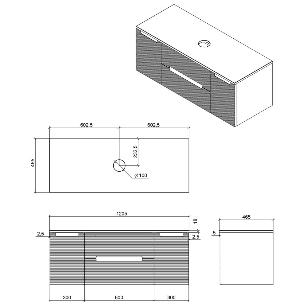 Astini Monza Plus 1200mm Aloe Green/Contry Oak Fluted Wall Hung Vanity Unit With 2 Side Cabinets & Counter Top