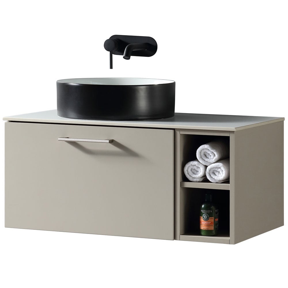 Astini Piatta 800mm Soft Coffee Wall Hung Vanity W/ LH Side Storage & Counter Top