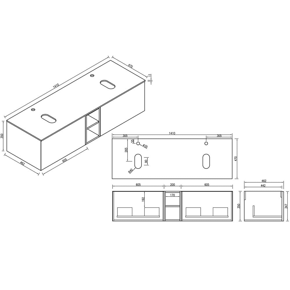 Astini Flauto 1400mm Wall Hung Double Vanity W/ Storage Box & Counter Top
