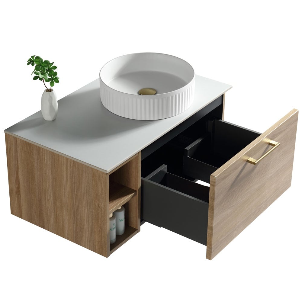 Astini Piatta 800mm Country Oak Wall Hung Right Hand Side Storage Vanity Unit With Counter Top