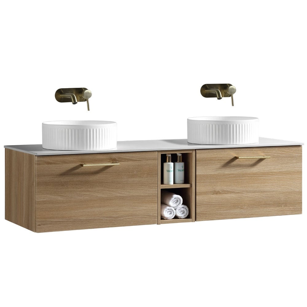 Astini Piatta 1400mm Country Oak Wall Hung Double Vanity W/ Storage Box & Counter Top