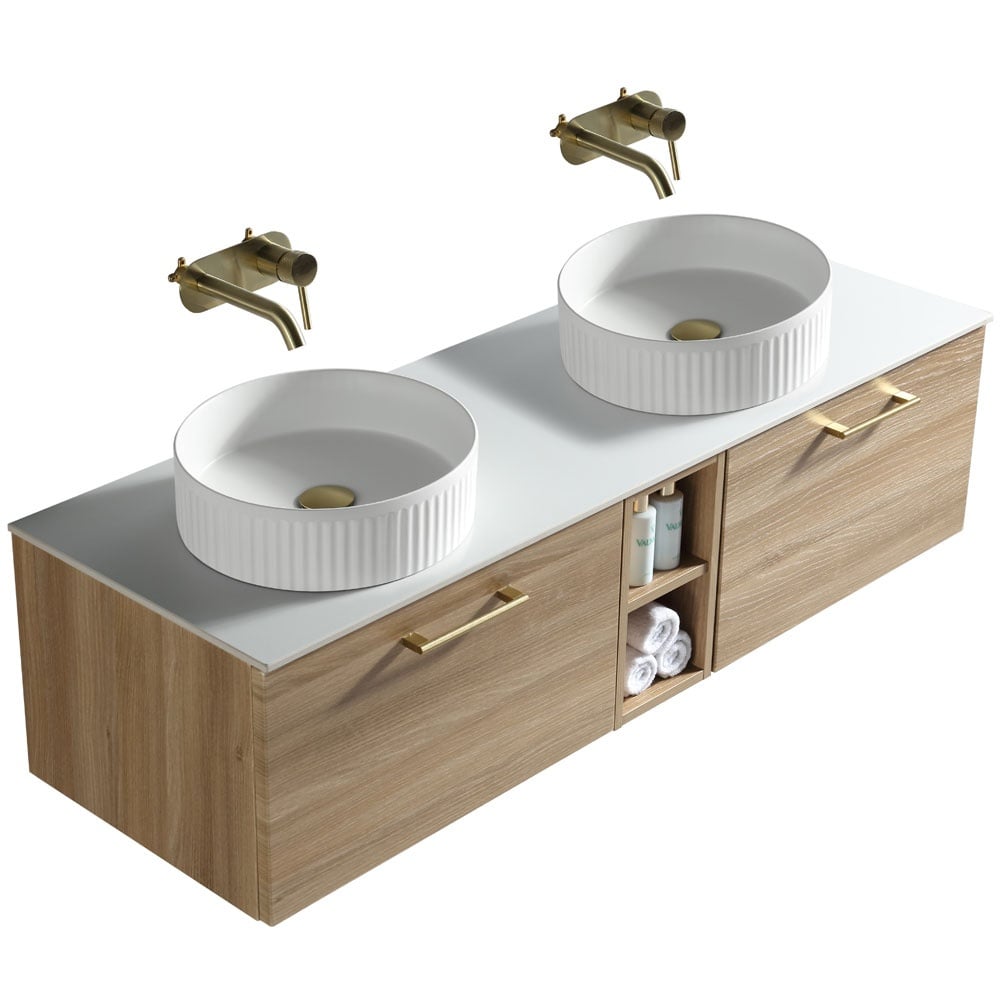 Astini Piatta 1400mm Country Oak Wall Hung Double Vanity W/ Storage Box & Counter Top