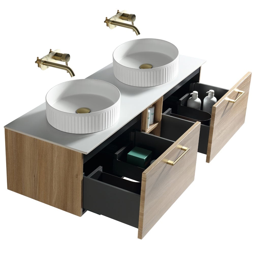 Astini Piatta 1400mm Country Oak Wall Hung Double Vanity W/ Storage Box & Counter Top