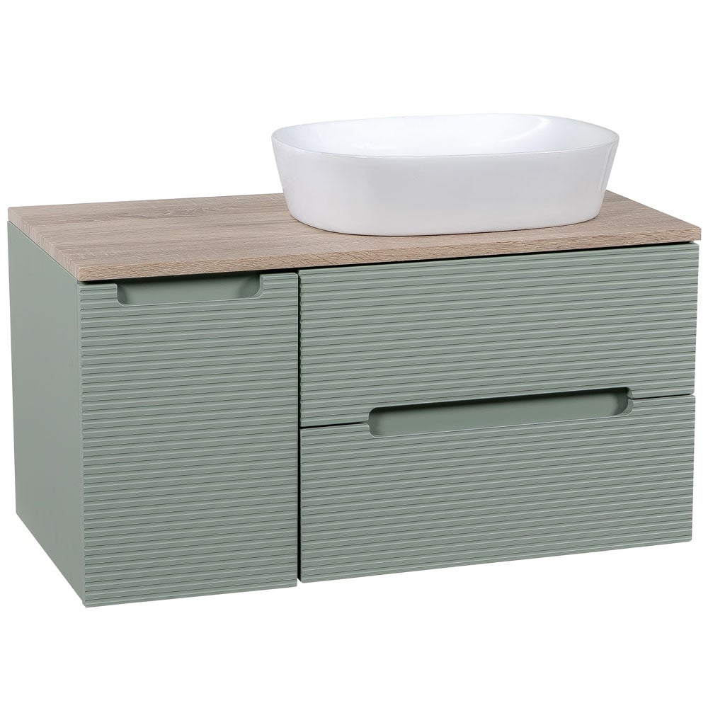 Astini Monza Plus 900mm Aloe Green/Contry Oak Fluted Wall Hung Vanity Unit With Side Cabinets & Counter Top