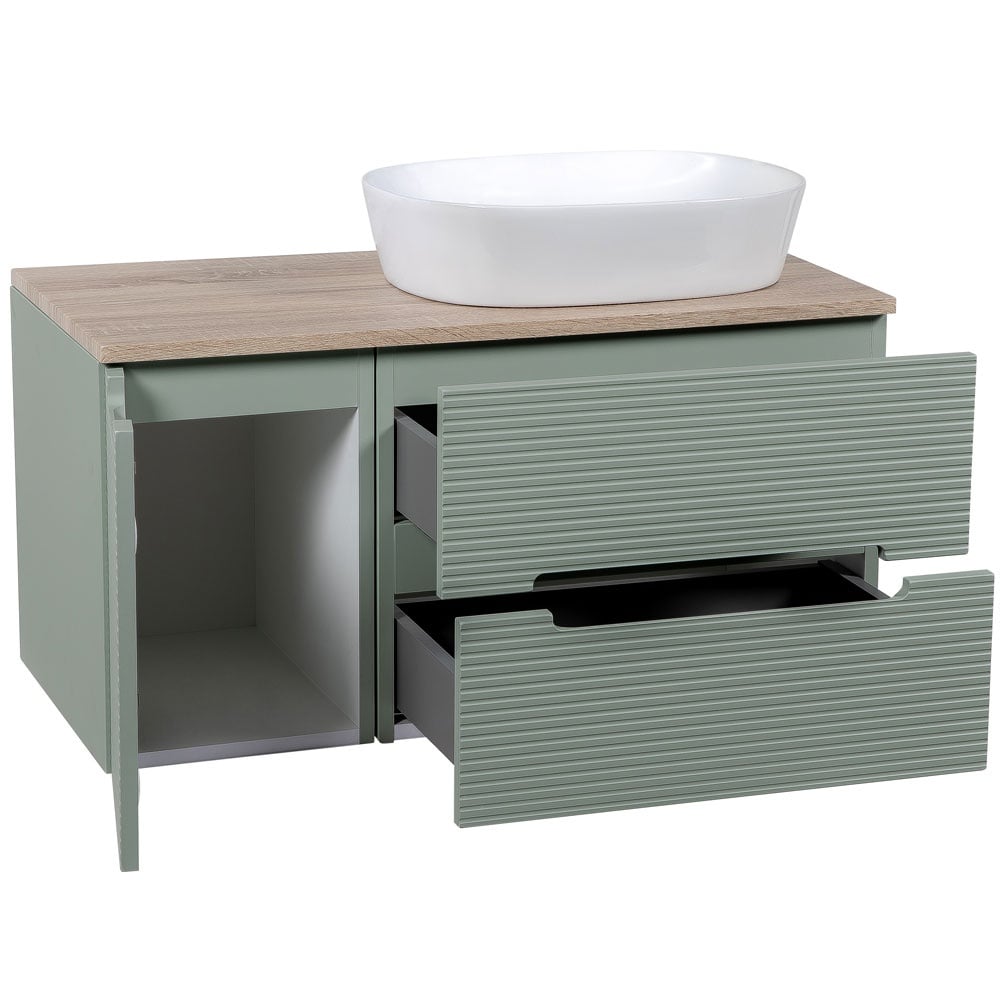 Astini Monza Plus 900mm Aloe Green/Contry Oak Fluted Wall Hung Vanity Unit With Side Cabinets & Counter Top