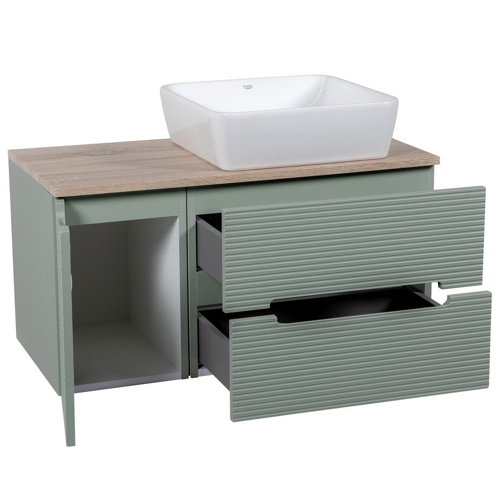Astini Monza Plus 900mm Aloe Green/Contry Oak Fluted Wall Hung Vanity Unit With Side Cabinets & Counter Top