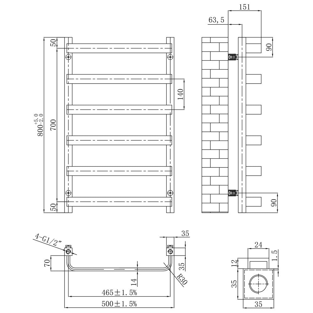 Astini Hastings Brass 800x500mm Heated Towel Rail