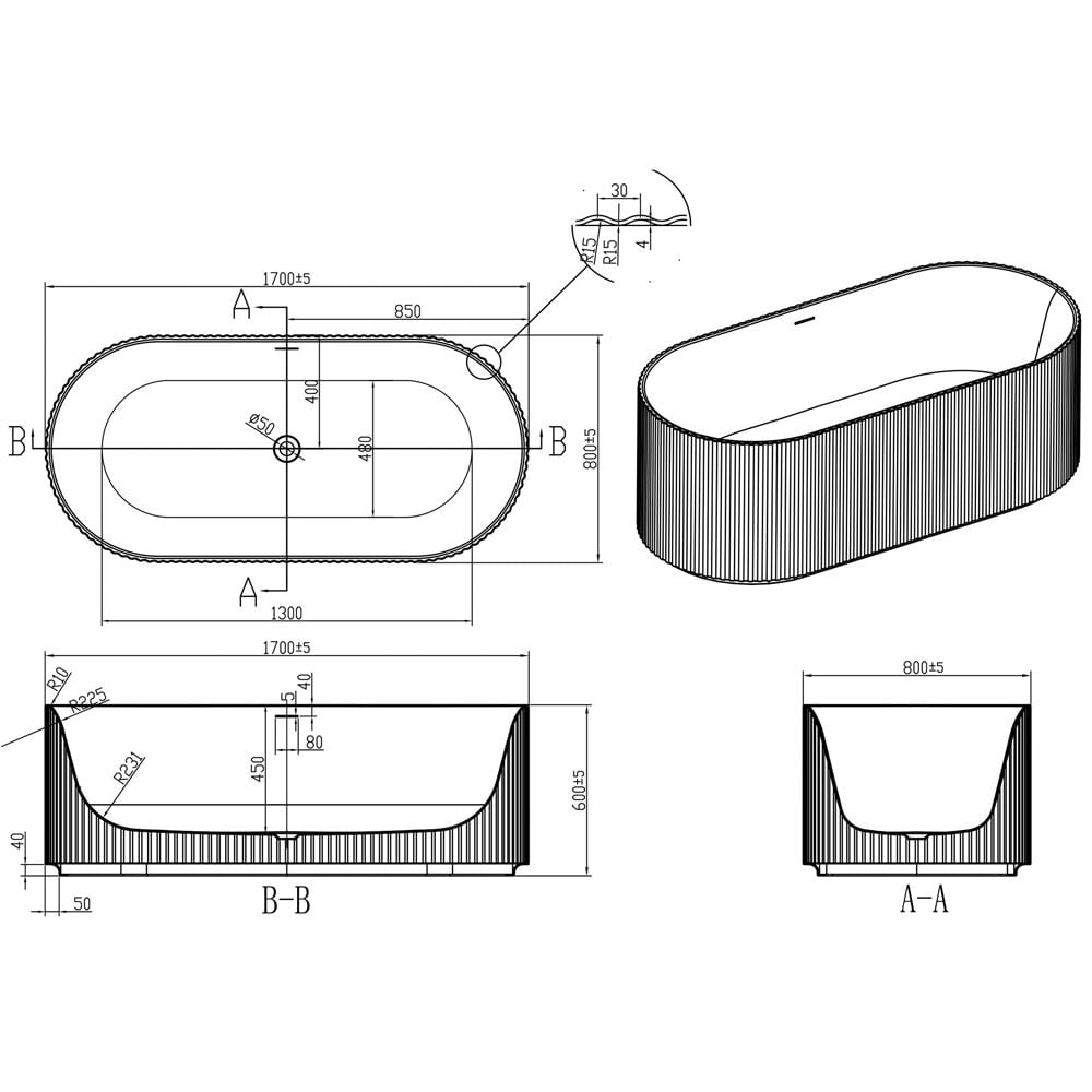 Astini Flauto Matte White Fluted Freestanding Bath Tub & Waste