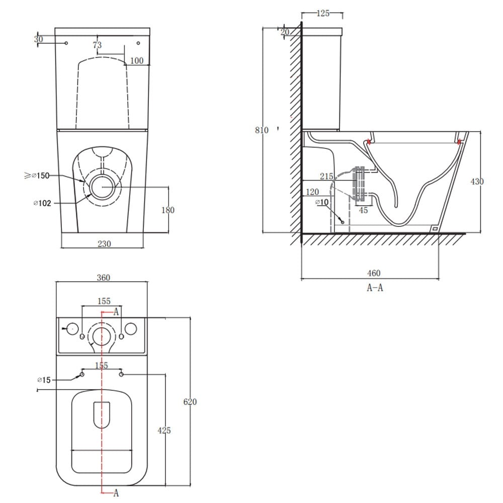 Astini Milan White Square Rimlesss Close Coupled Toilet Pan & Soft Close Seat