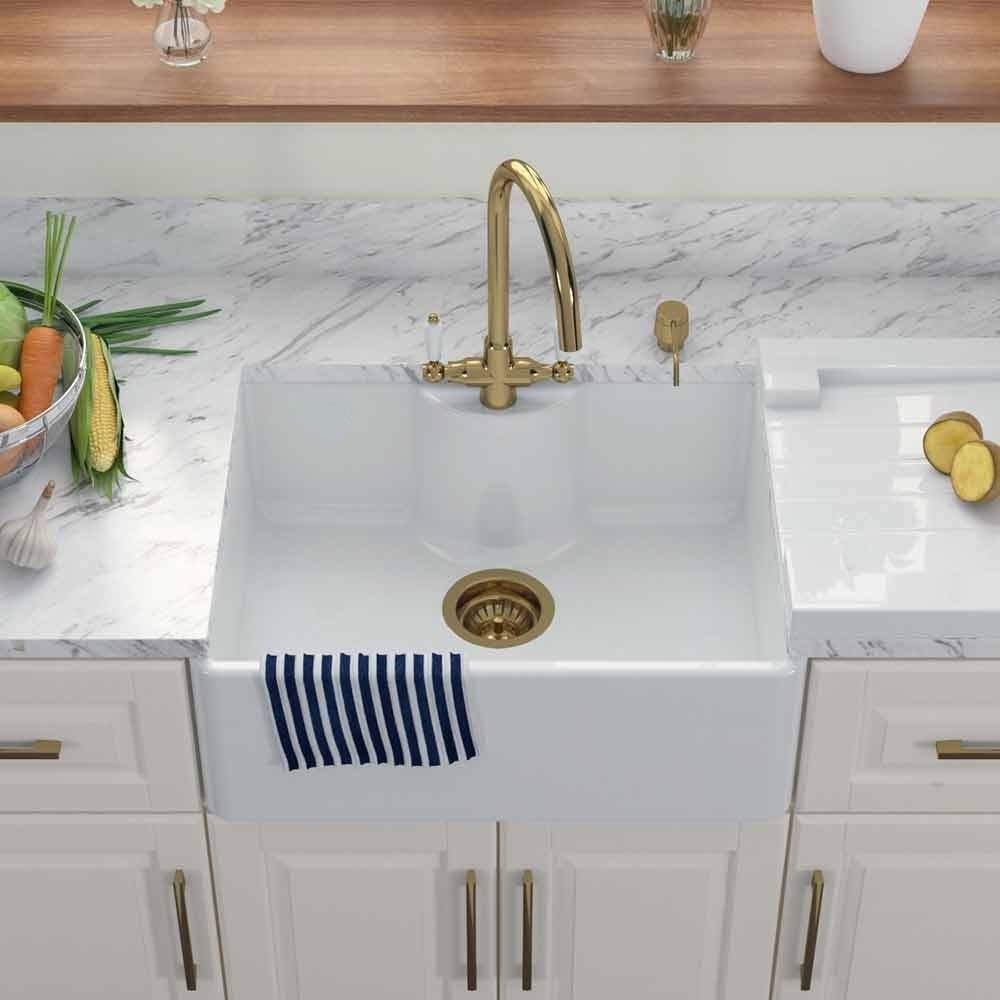 LSC Butler 595 1.0 Bowl White Ceramic Kitchen Sink with Tap Ledge & Gold Waste