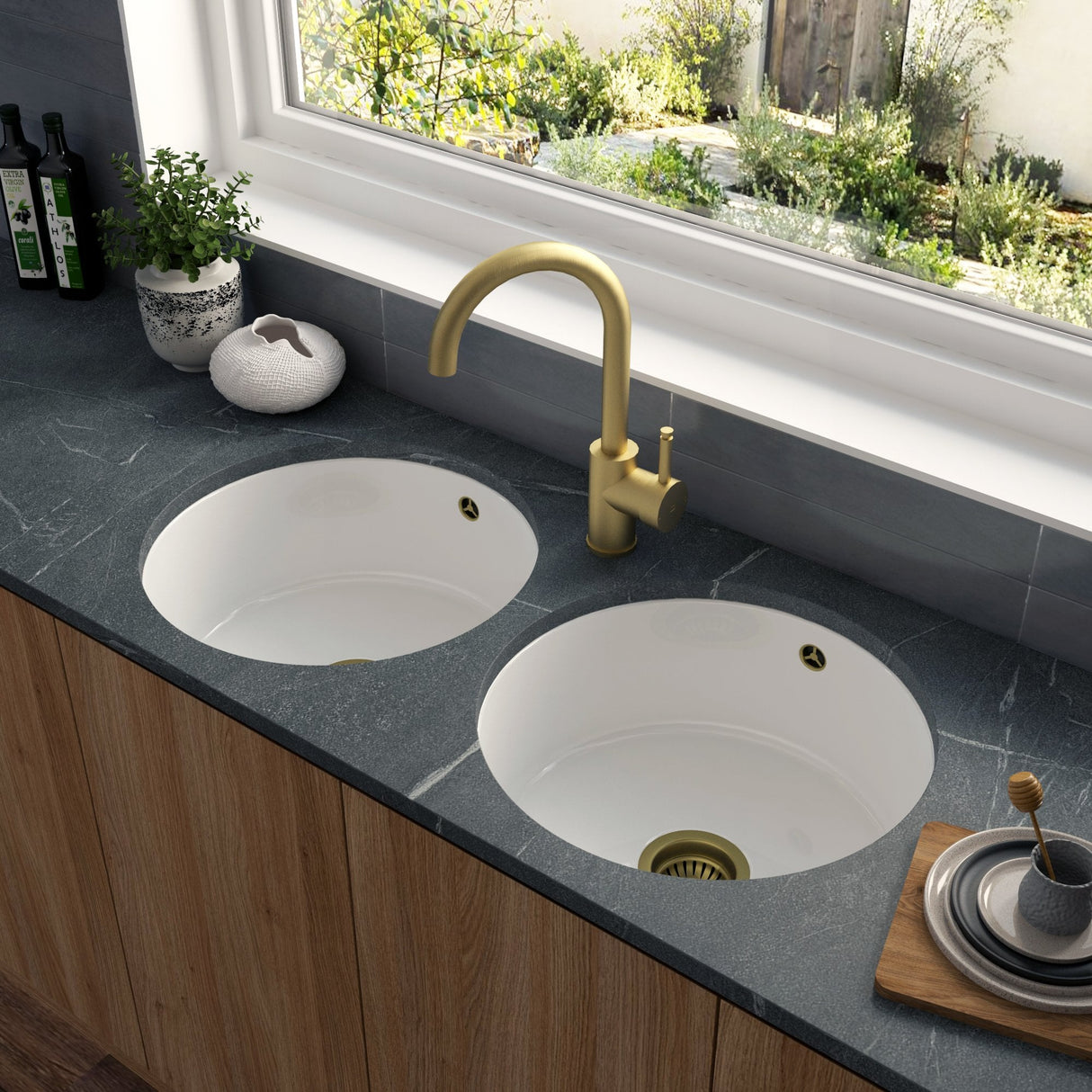 Astini Round Inset/Undermount 460 2.0 Bowl White Ceramic Kitchen Sink with Waste & Overflow