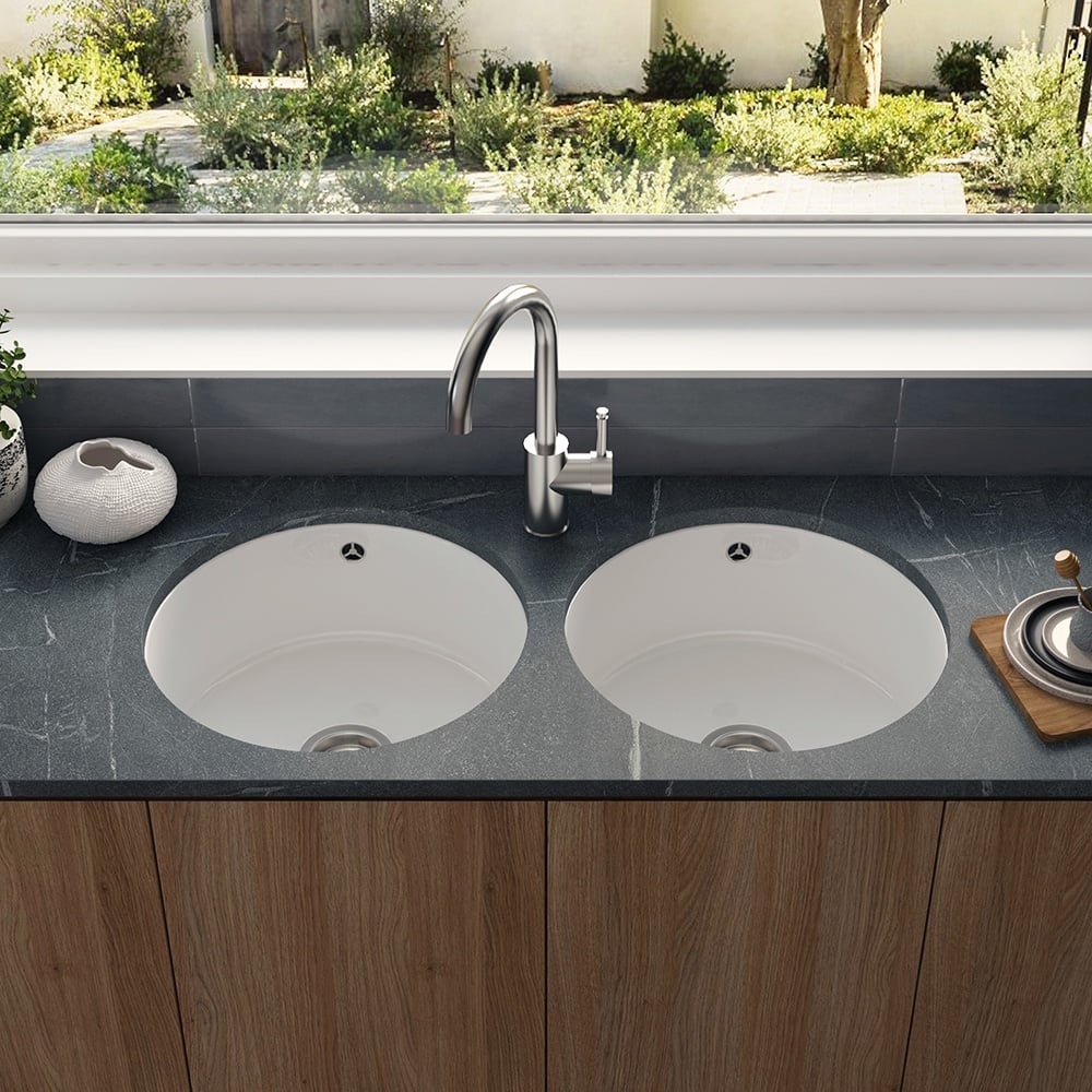 Astini Round Inset/Undermount 460 1.0 Bowl White Ceramic Kitchen Sink with Waste & Overflow