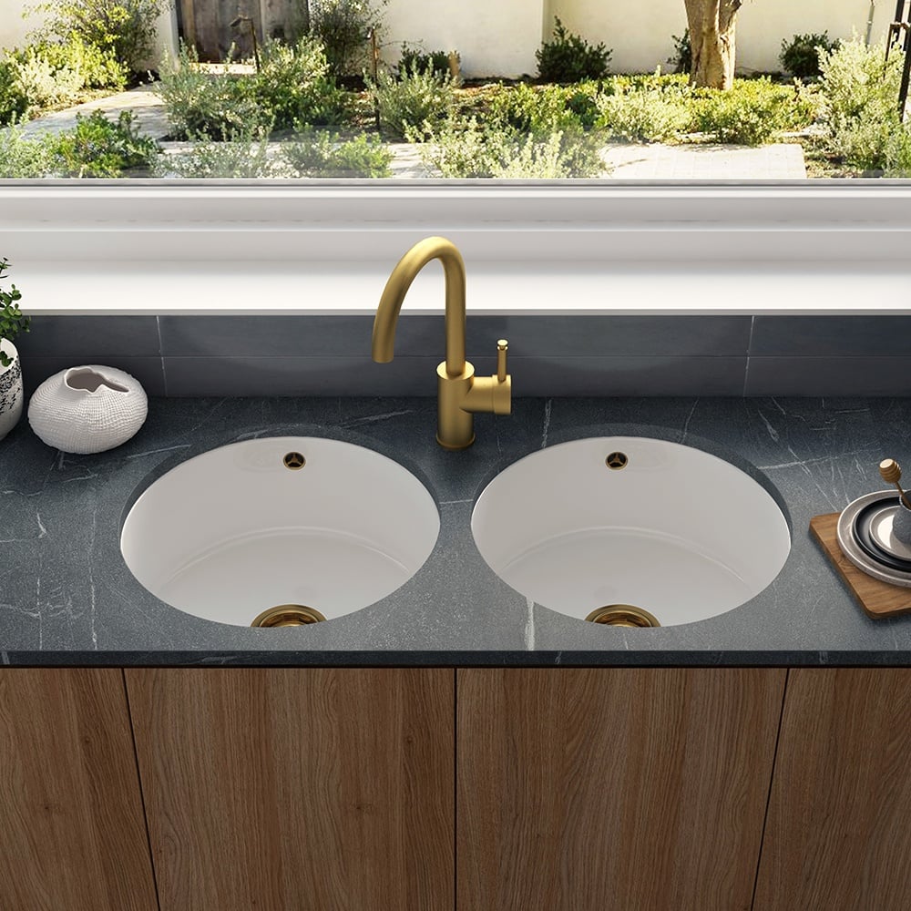 Astini Round Inset/Undermount 460 1.0 Bowl White Ceramic Kitchen Sink with Waste & Overflow