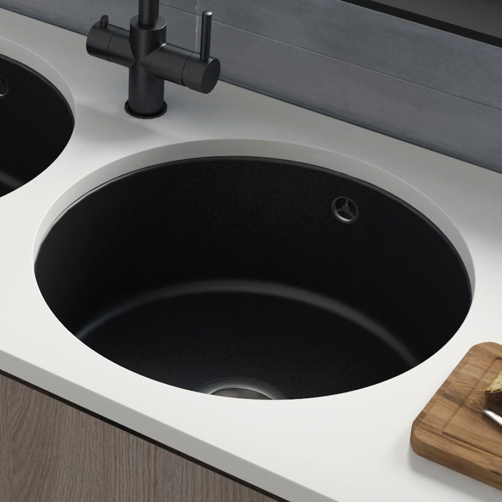 Astini Round Inset/Undermount 460 1.0 Bowl Matt Black Ceramic Kitchen Sink with Waste & Overflow