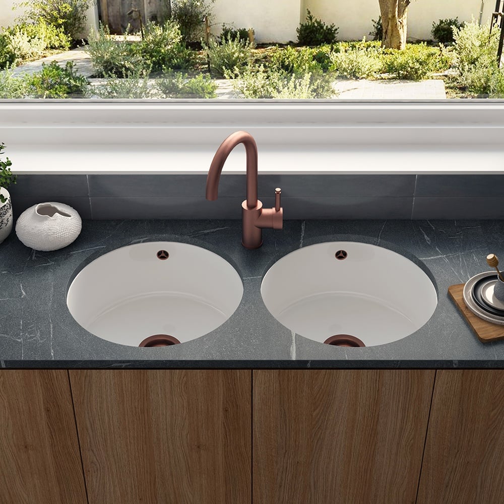 Astini Round Inset/Undermount 460 1.0 Bowl White Ceramic Kitchen Sink with Waste & Overflow