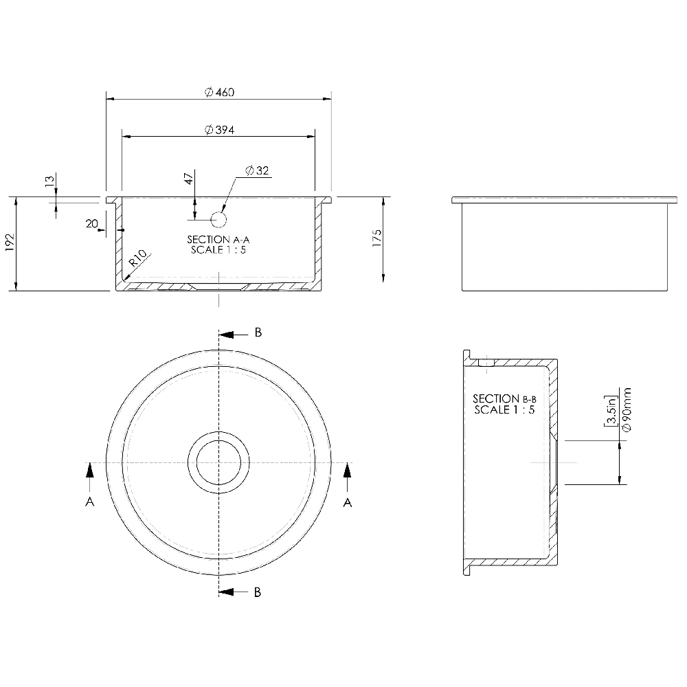 Astini Round Inset/Undermount 460 1.0 Bowl Matt Black Ceramic Kitchen Sink with Waste & Overflow