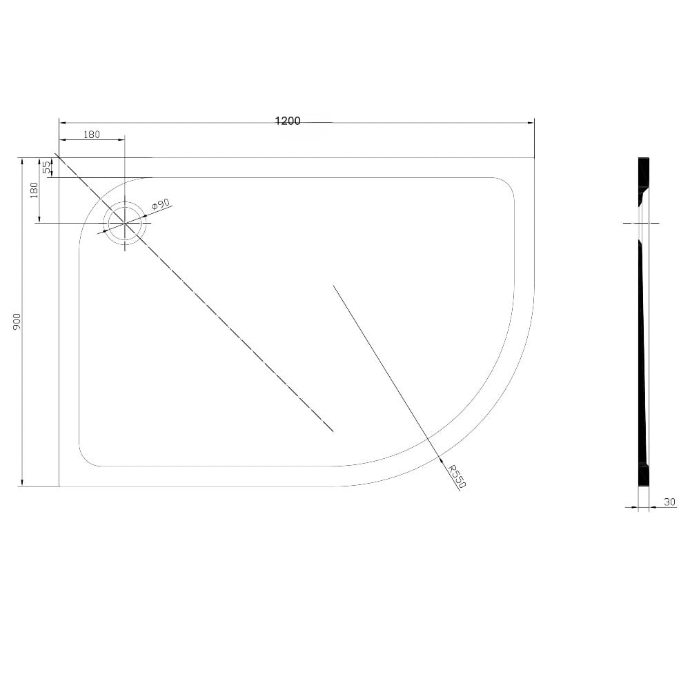 Astini White Offset Quad Low Profile Shower Tray RH 1200x900mm