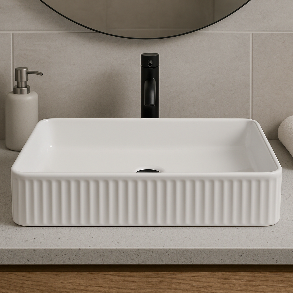 Astini Flauto 500mm Fluted Gloss White Rectangle Countertop Basin