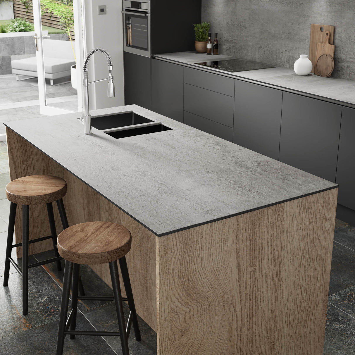 Wilsonart Zenith Woodstone Gris Compact Laminate Kitchen Worktops (Black Core)