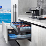 DTC Pre-Assembled Soft-Close Kitchen Drawer Box  Low Inner Drawer System With Glass Sides, To Suit 600mm Wide Cabinet, 95mm High, 450mm Full Extension Dark Grey