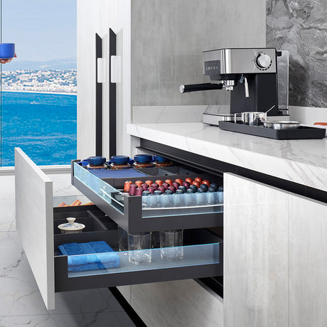 DTC Pre-Assembled Soft-Close Kitchen Drawer Box  Low Inner Drawer System With Glass Sides, To Suit 600mm Wide Cabinet, 95mm High, 450mm Full Extension Dark Grey