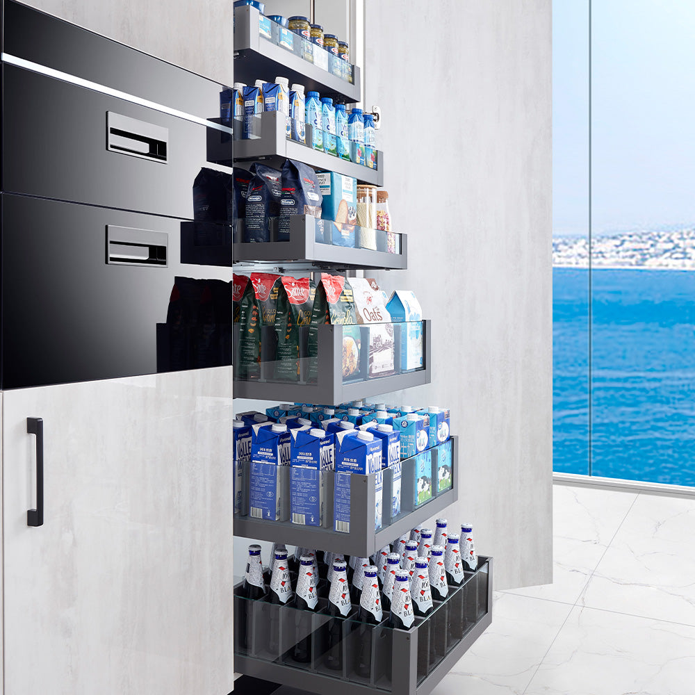 DTC Pre-Assembled Soft-Close Kitchen Drawer Box  Low Inner Drawer System With Glass Sides, To Suit 600mm Wide Cabinet, 95mm High, 450mm Full Extension Dark Grey