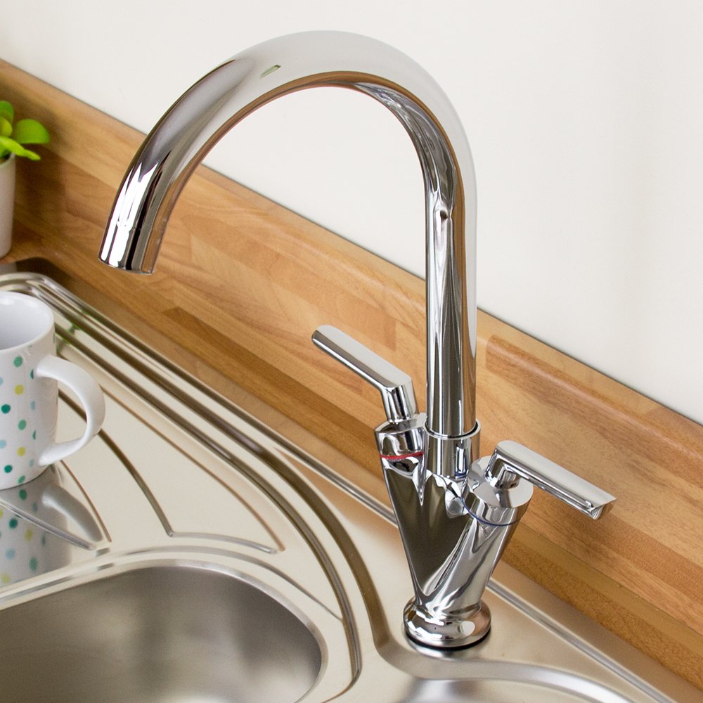 Astini Saturn Twin Handle Swivel Spout Kitchen Sink Mixer Tap with Brushed Steel and Chrome Finish