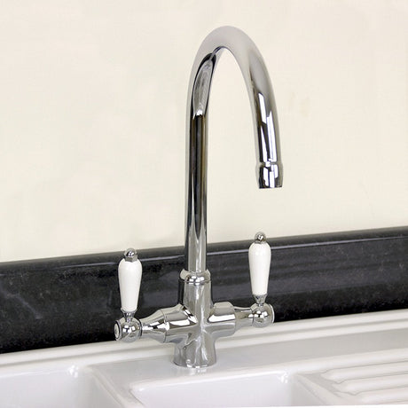 Astini Colonial Ceramic White Handle Twin Lever Kitchen Mixer Tap
