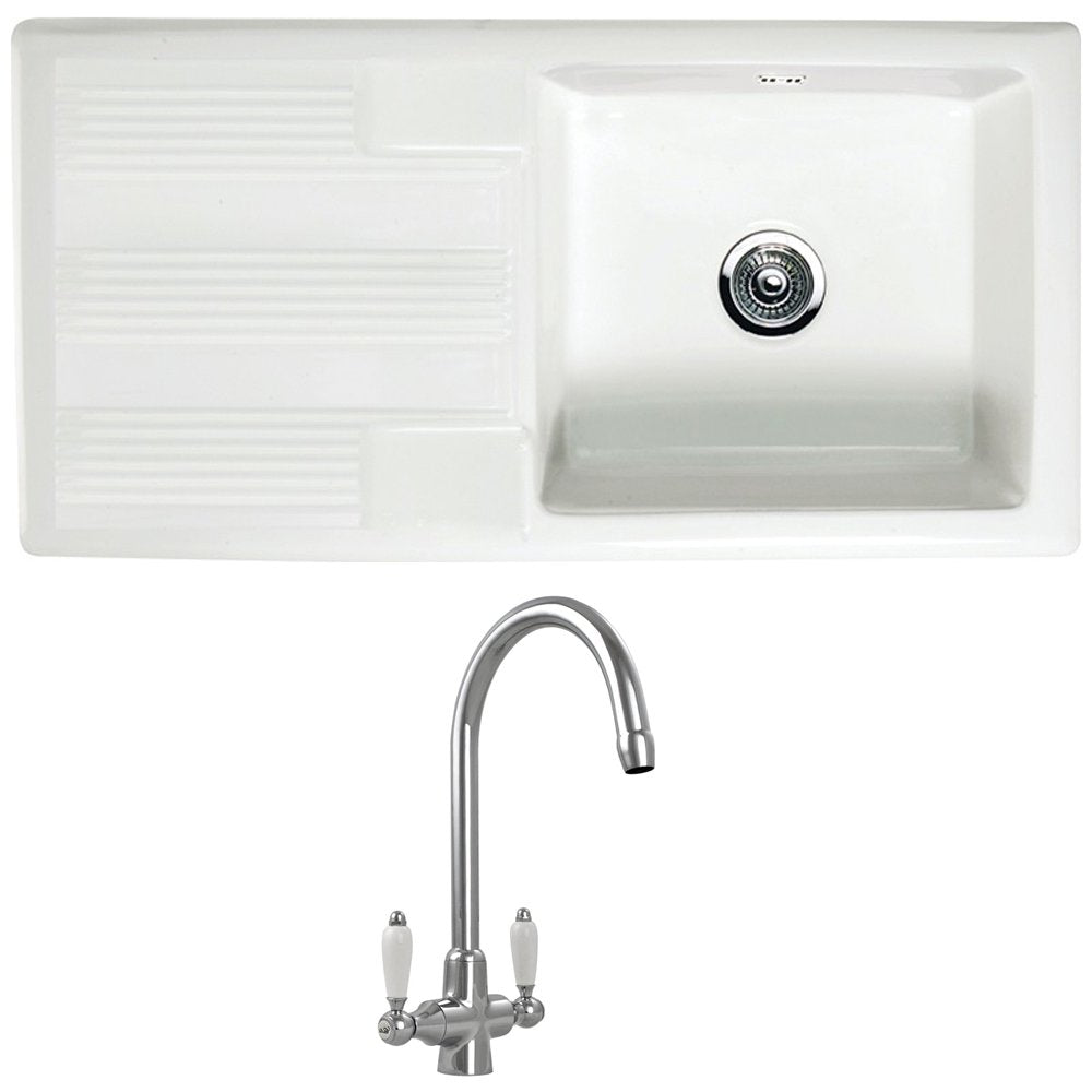 Astini Canterbury 100 1 Bowl Gloss White Ceramic Kitchen Sink & Colonial Tap