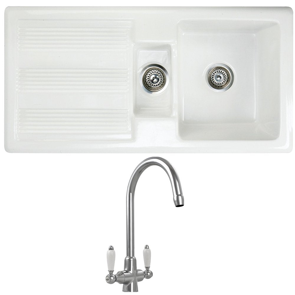 Astini Canterbury 150 1.5 Bowl Gloss White Ceramic Kitchen Sink & Colonial Tap