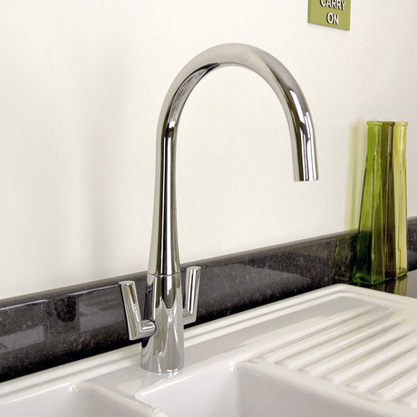 Astini Cosmopolitan Twin Lever Kitchen Sink Mixer Tap with Brushed Steel and Chrome Finish