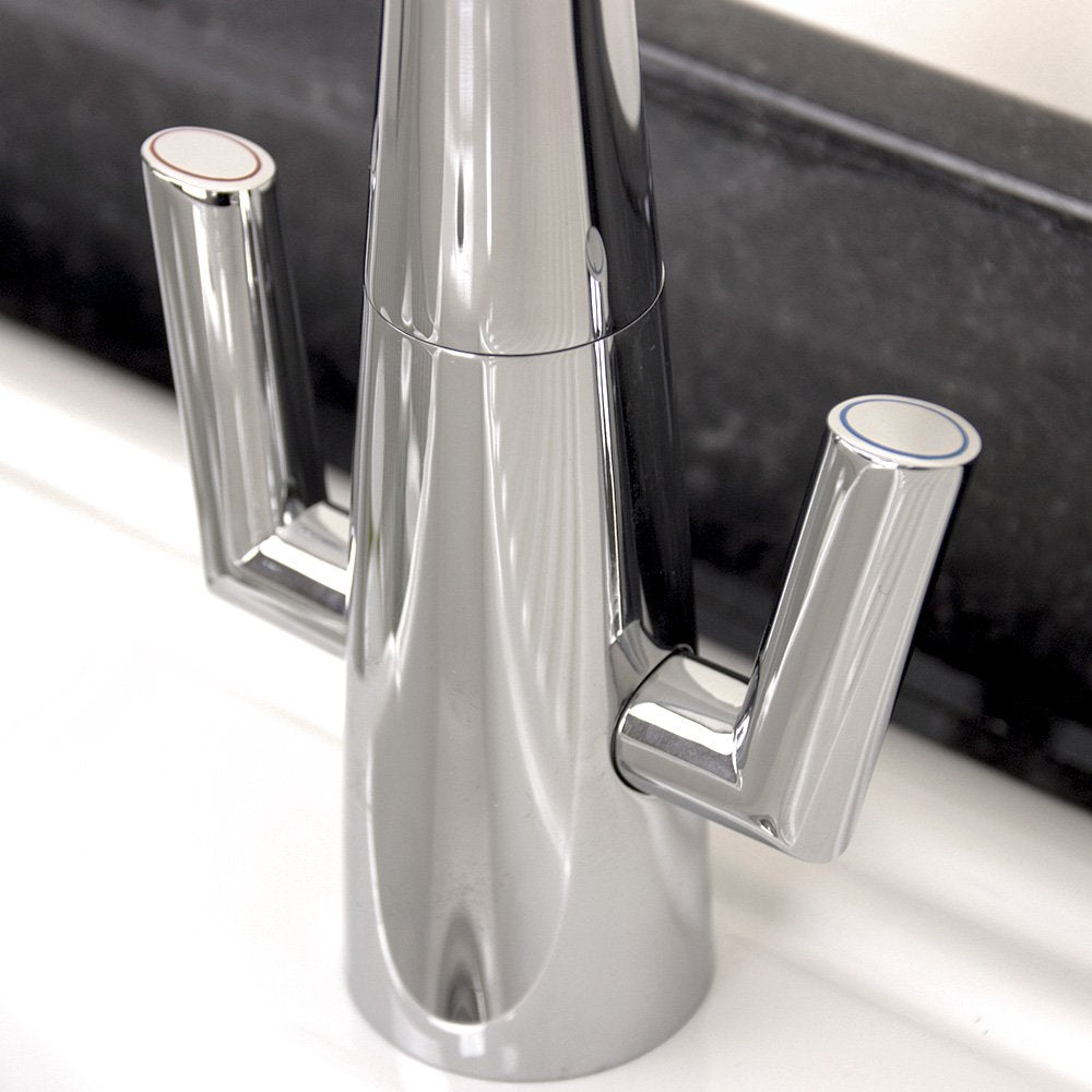 Astini Cosmopolitan Twin Lever Kitchen Sink Mixer Tap with Brushed Steel and Chrome Finish