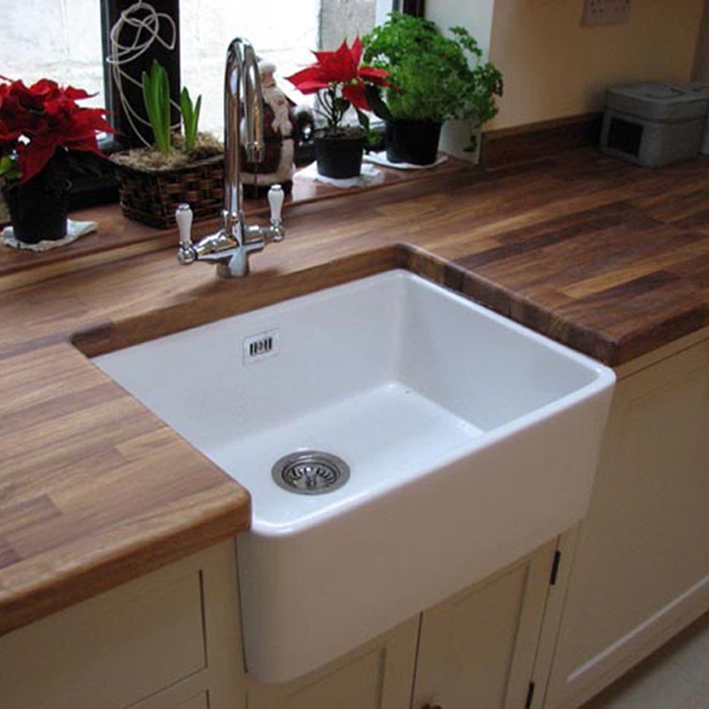 Astini Belfast 600 1.0 Bowl Gloss White Ceramic Butler Kitchen Sink, Waste & Tap