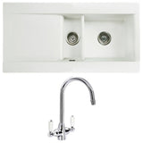 Astini Desire 1.5 Bowl White Ceramic Kitchen Sink with Waste and Colonial Tap