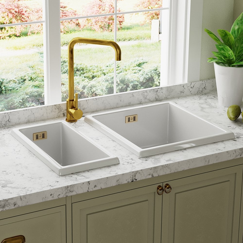 Astini Hampton 150 1.5 Bowl White Ceramic Undermount Kitchen Sink with Waste