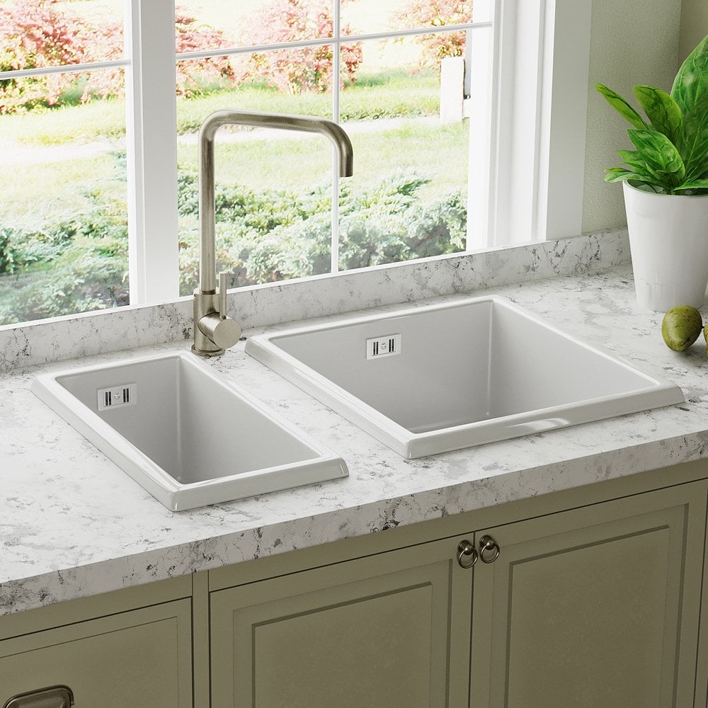 Astini Hampton 50 0.5 Bowl White Ceramic Undermount Kitchen Sink with Waste