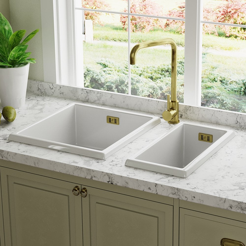 Astini Hampton 150 1.5 Bowl White Ceramic Undermount Kitchen Sink with Waste