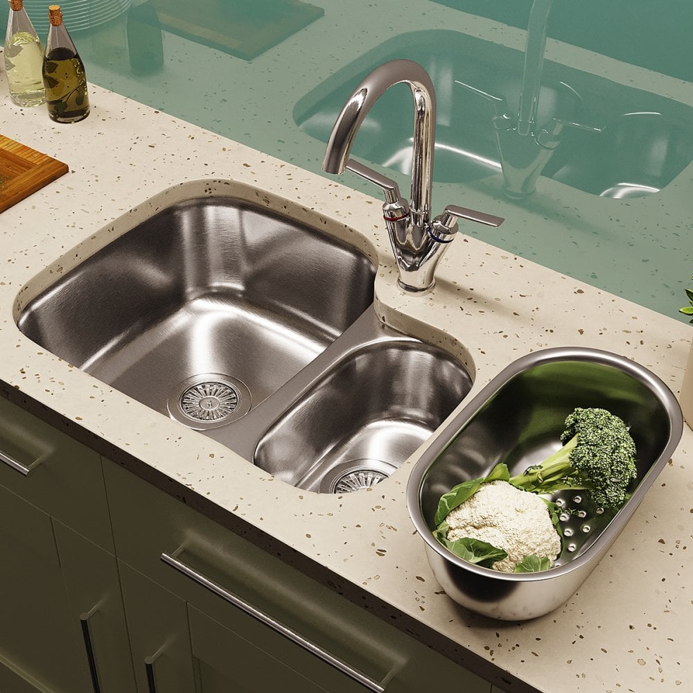 Astini Renzo 1.5 Bowl Brushed Stainless Steel Undermount Kitchen, Sink Waste & Colander RHSB