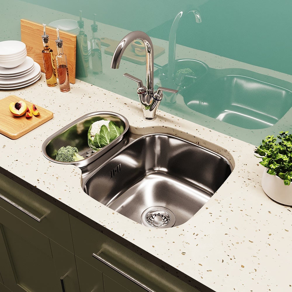 Astini Renzo 1.5 Bowl Brushed Stainless Steel Undermount Reversible Kitchen Sink, Waste & Colander