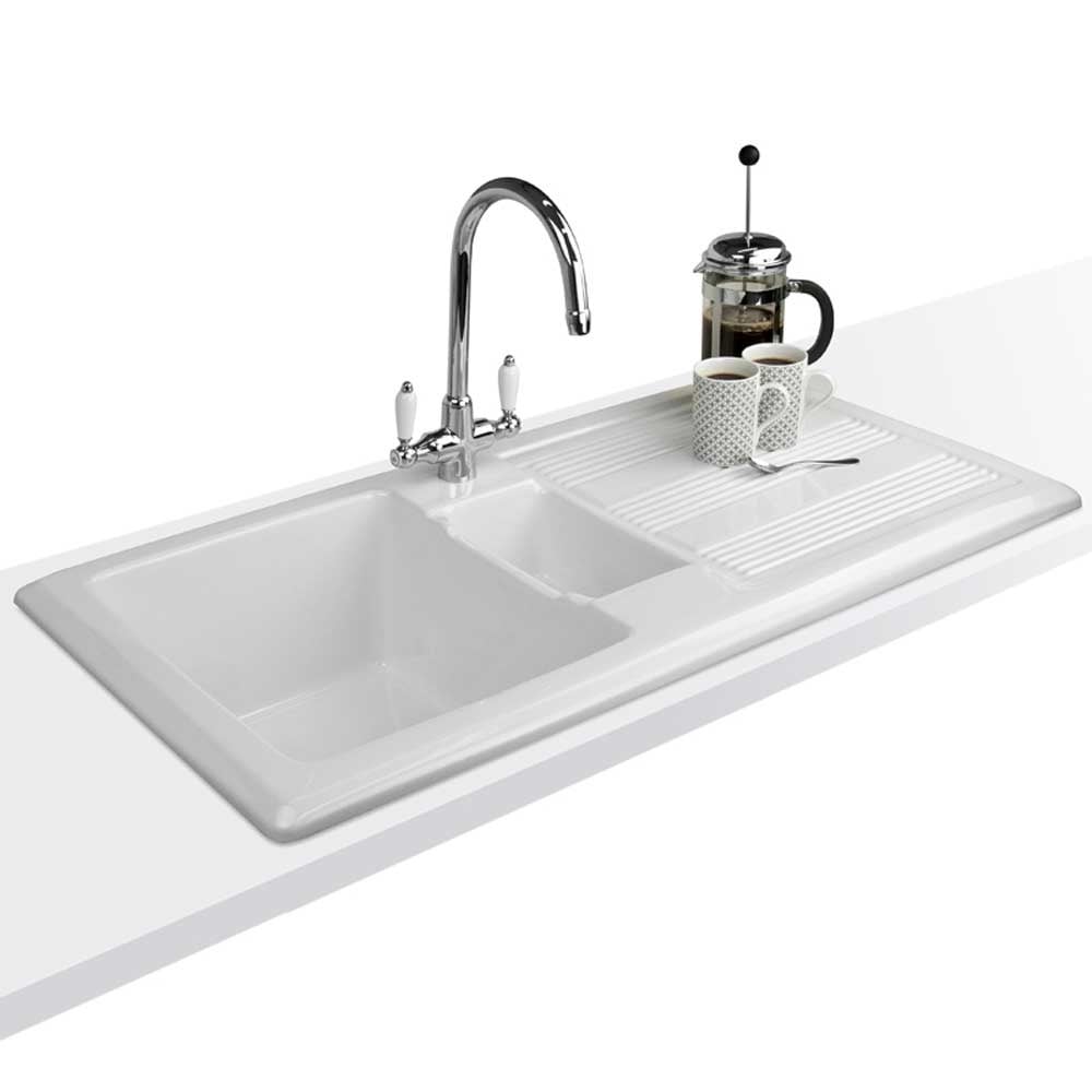 Astini Canterbury 150 1.5 Bowl Gloss White Ceramic Kitchen Sink & Colonial Tap