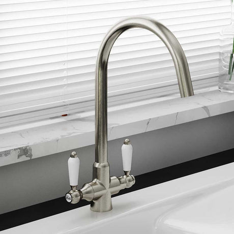 Astini Colonial Ceramic White Handle Twin Lever Kitchen Mixer Tap