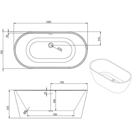 Astini Indigo Double Ended Freestanding 1500x700mm Bath Tub & Waste