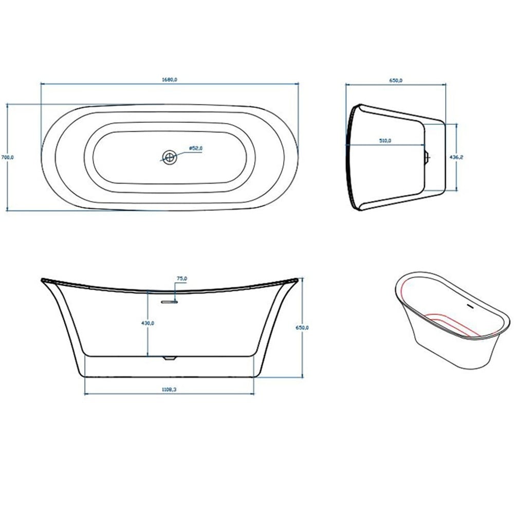 Astini Milla Double Ended Freestanding 1680x700mm Bath Tub & Waste
