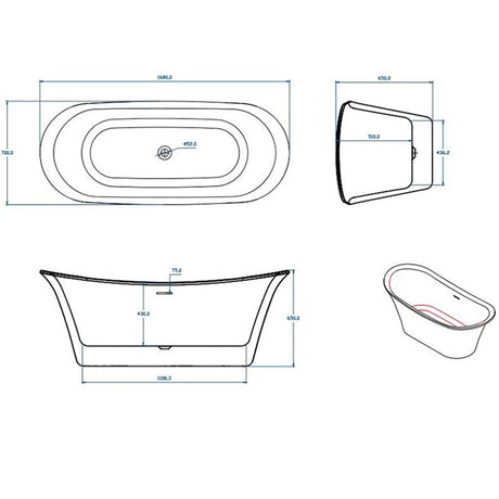 Astini Milla Double Ended Freestanding 1680x700mm Bath Tub & Waste