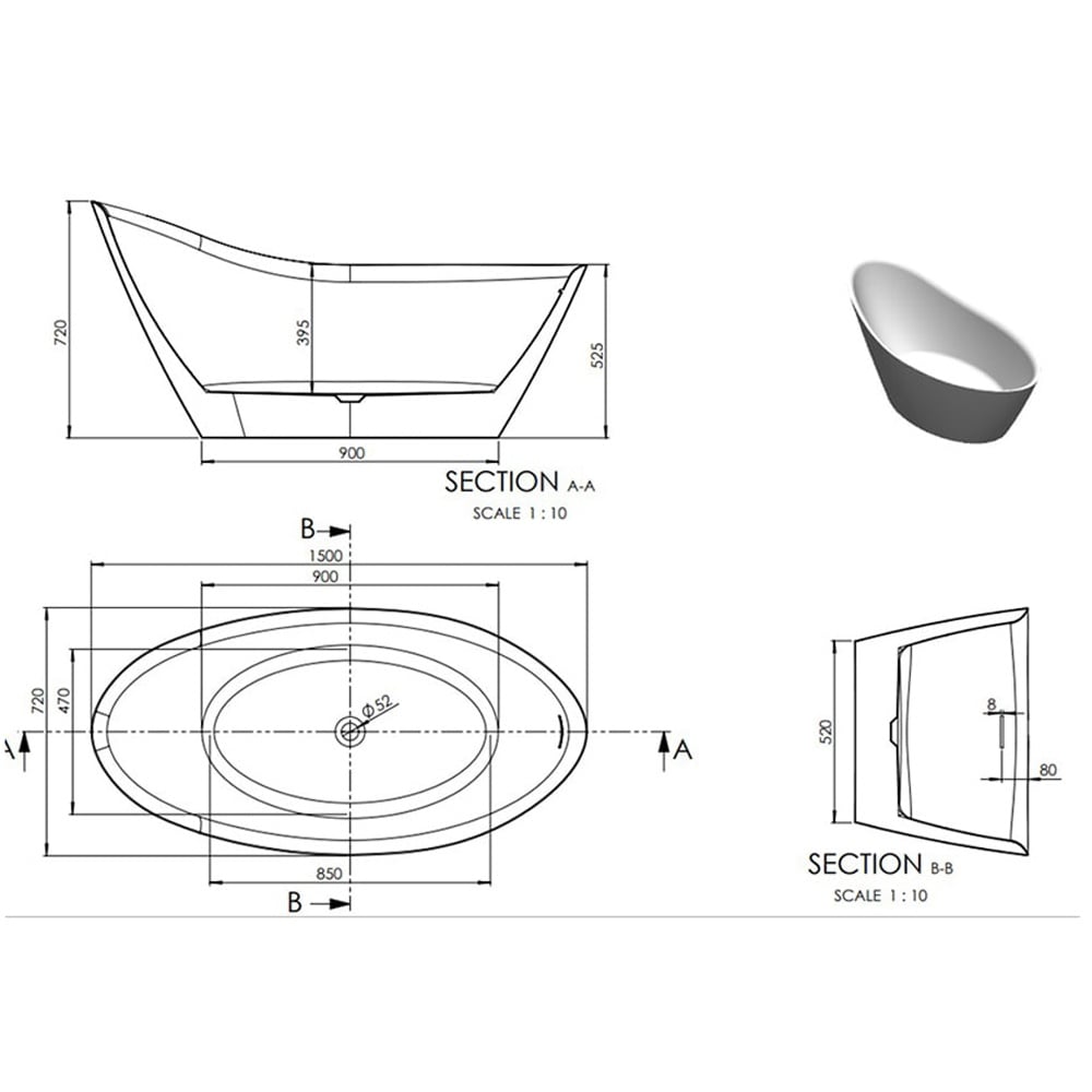 Astini Scoop Single Ended Freestanding 1500x720mm Bath Tub & Waste