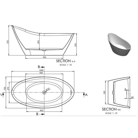 Astini Scoop Single Ended Freestanding 1500x720mm Bath Tub & Waste