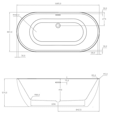 Astini Sphera Double Ended Freestanding 1685x805mm Bath Tub & Waste