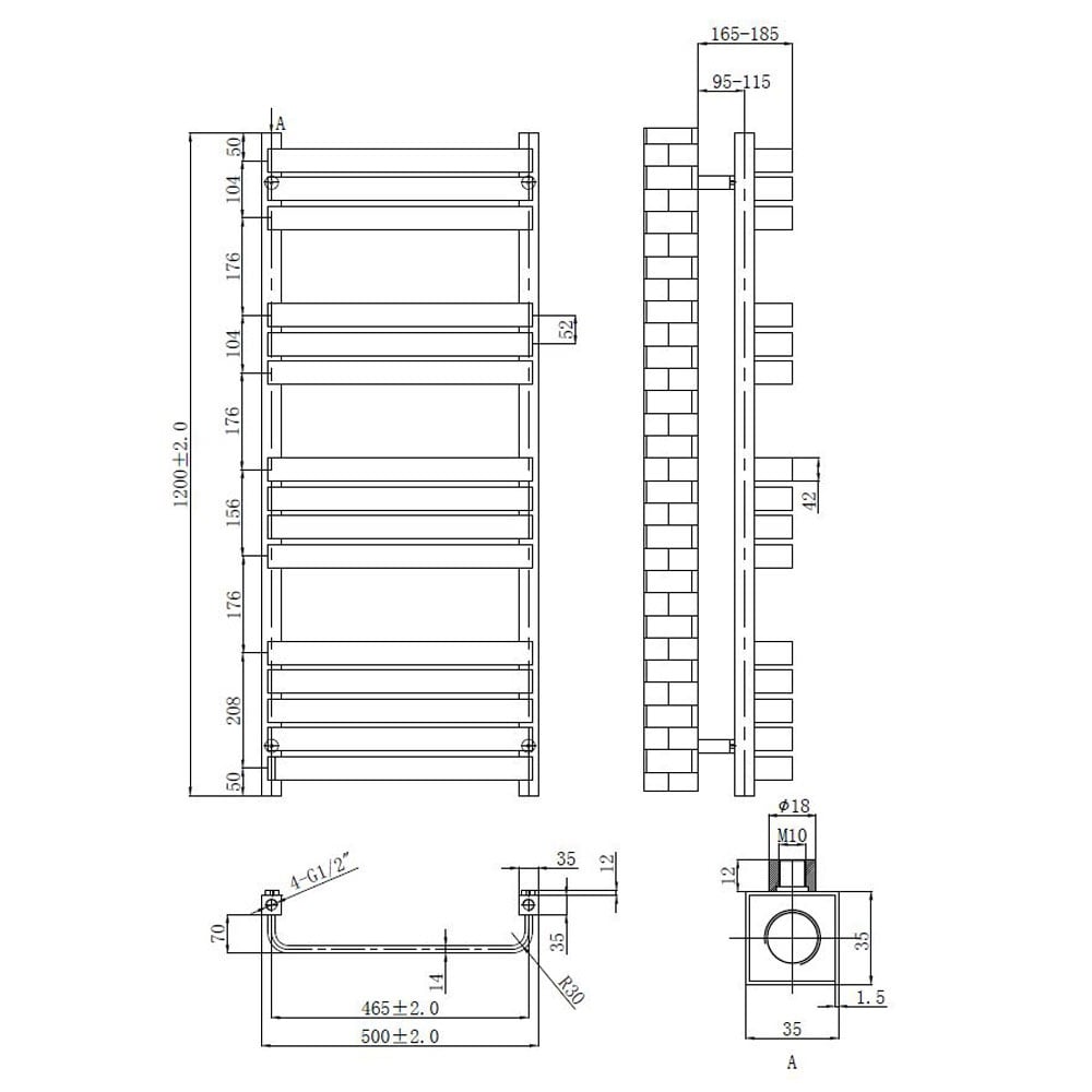 Astini Auckland 1200x500mm Brushed Brass 600W Ladder Heated Towel Rail TIS2145